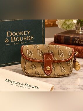Vintage Dooney & Bourke Vintage DB Monogram Wristlet Clutch Wallet Brown Leather